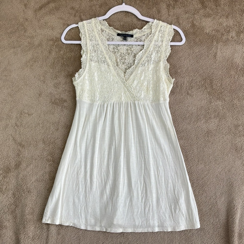 VTG Women's Babydoll Top Sz S Lace Stretch Long Lined 90s Y2K Ivory EUC